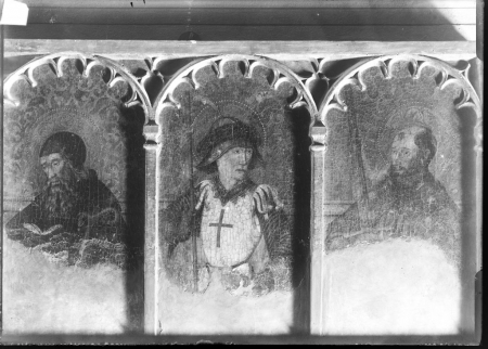 Predella detta di San Lucifero, particolare con Sant'Antonio Abate, San Giorgio e San Paolo, Bottega di R. Thomas e J. Figuera